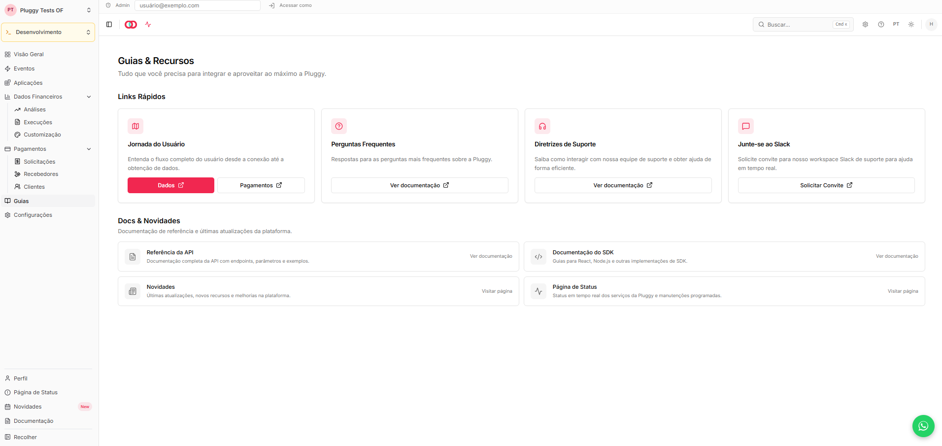 Guias e recursos no dashboard